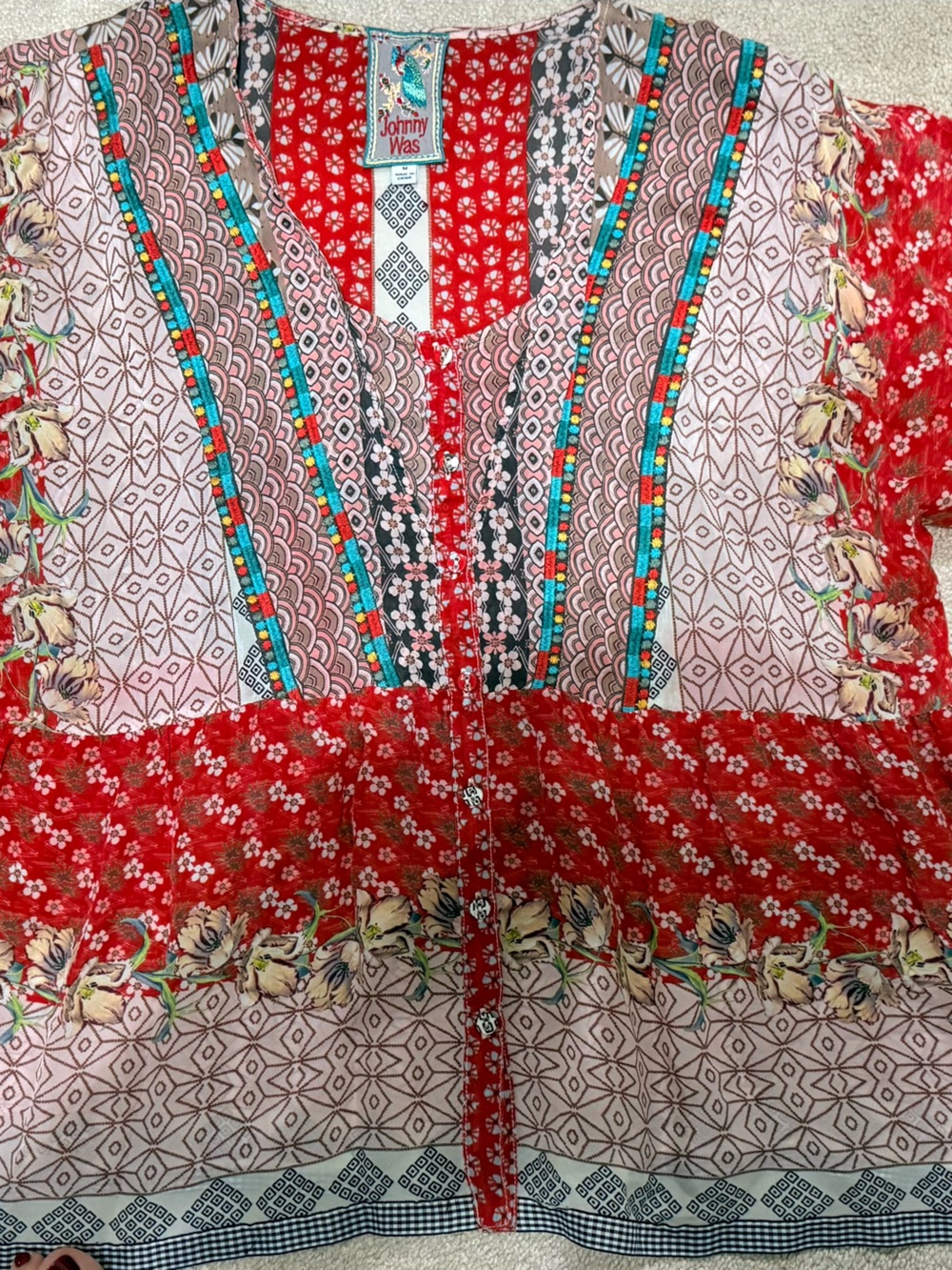 Johnny Was Red Floral & Multicolor Border Tunic